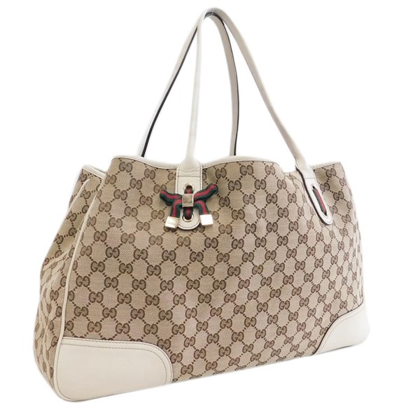 Gucci Line Leather GG White Bag Princess Brown Tote - Picture 1 of 8